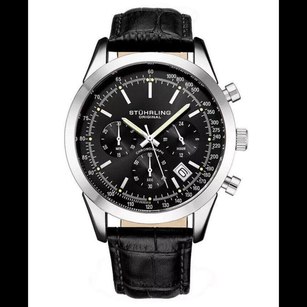 New Stuhrling Monaco Quartz Chronograph Date Black Mens‎ Watch